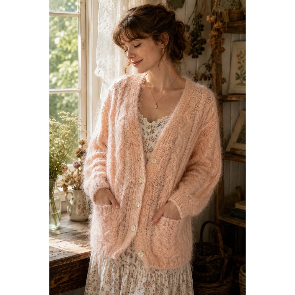 Perry Ellis Portfolio Pink Mohair Wool Cable Knit Cardigan Sweater Womens M